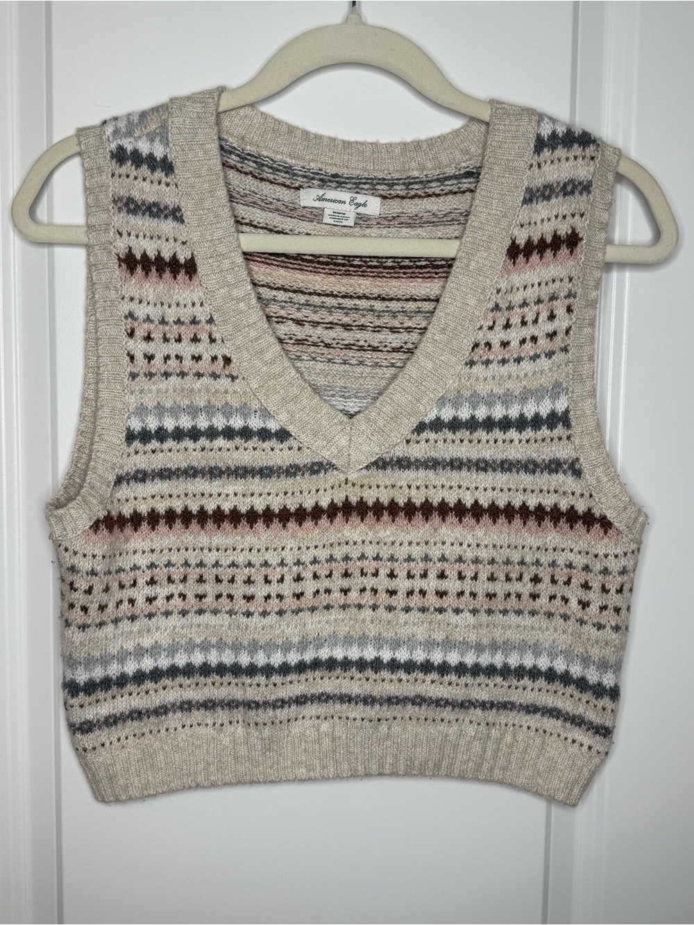 American Eagle Outfitters Cream Fair Isle V-Neck Sweater Vest